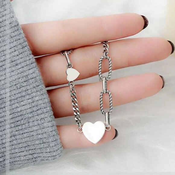 925 Sterling Silver Heart Bracelet Heart Charm Bracelet Paperclip Link Bracelet - Picture 6 of 6